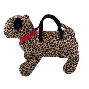 Leopard Print Plush Cat Purse Cheetah Stuffed Animal Handbag Kids Brown 13in Y2K